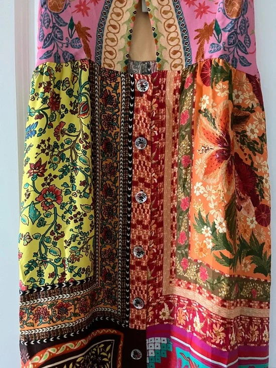 🩷💫FARM RIO DRESS💚✨🩵 Multicolor Patchwork Midi Dress with Spaghetti Straps💛 - Picture 7 of 12